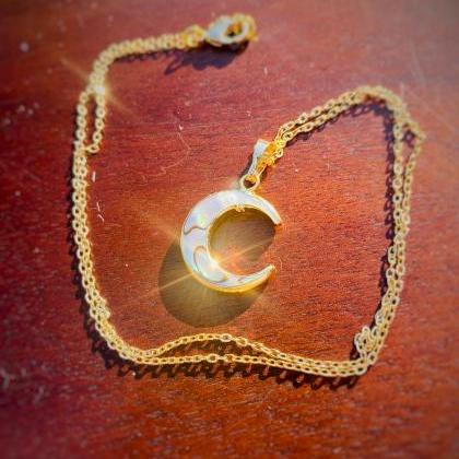 Natural Abalone Shell Crescent Moon Necklace -..