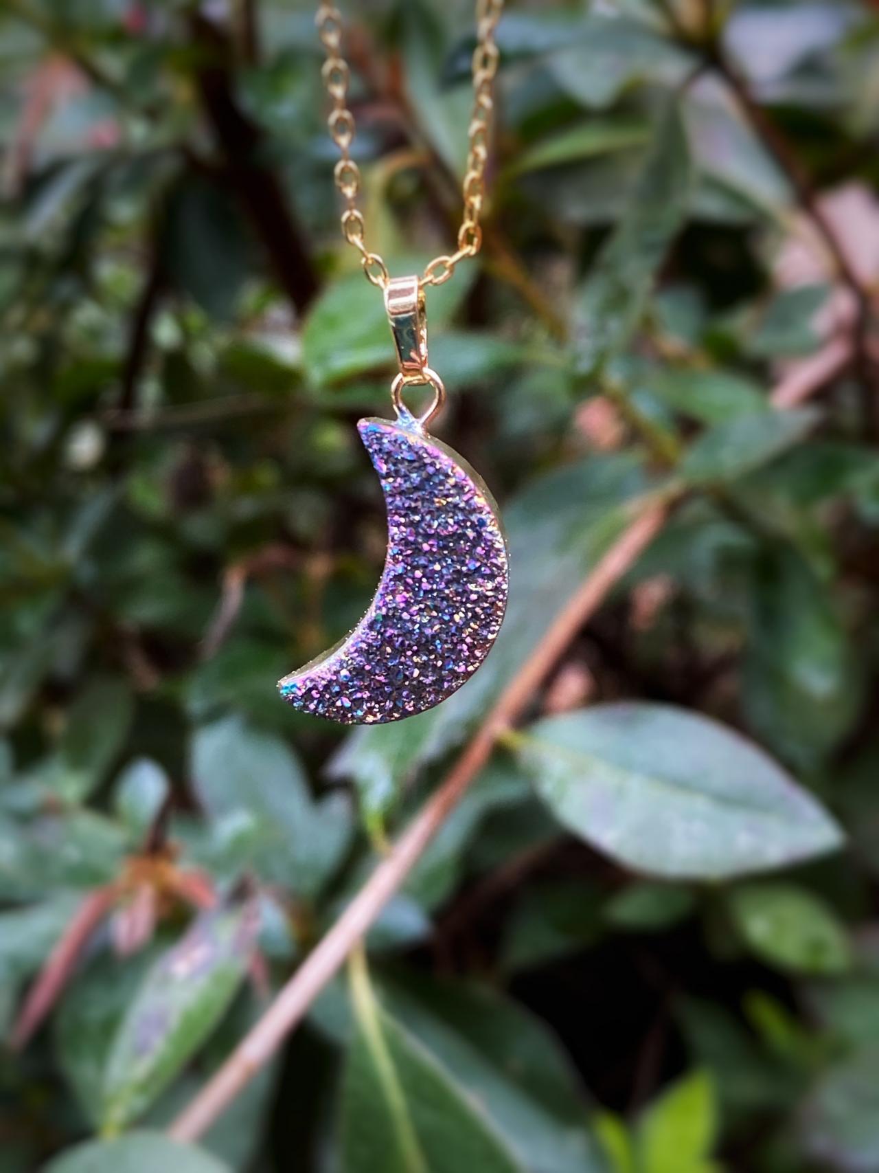 Rainbow Titanium Druzy Moon Necklace - Druzy Moon Pendant - Crystal Moon Necklace - Druzy Crystal Necklace - Crescent Moon Druzy - Moon