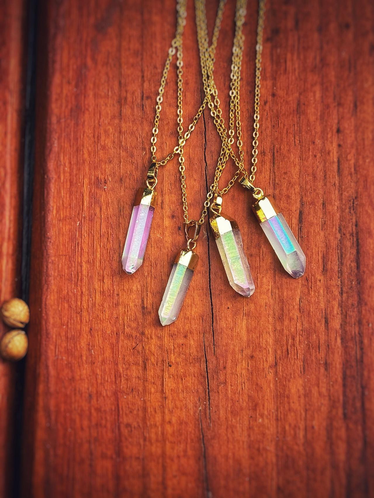 Aura Quartz Necklace - Angel Aura Quartz - Quartz Point - Crystal Necklace - Gold Necklace - Clear Quartz Necklace - Rainbow Crystal