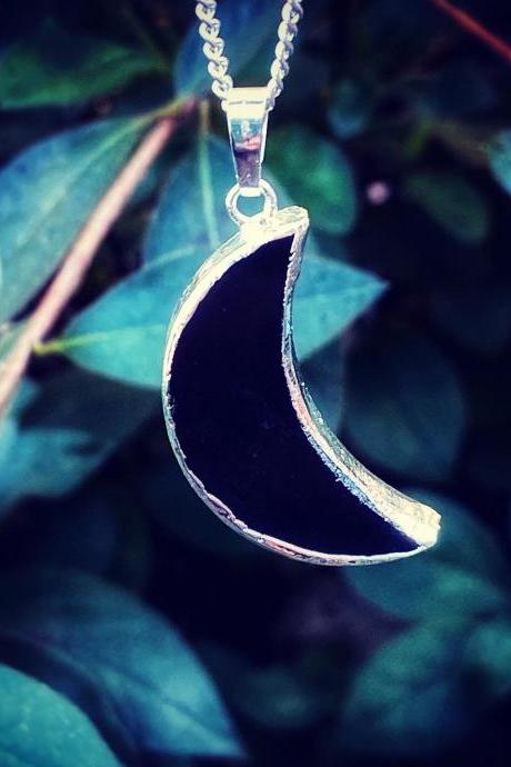 Black Agate Crescent Moon Necklace - Crescent Moon Necklace - Agate Jewelry - Silver Moon Necklace - Natural Crystal - Black Moon Necklace