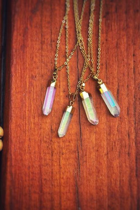 Aura Quartz Necklace - Angel Aura Quartz - Quartz Point - Crystal Necklace - Gold Necklace - Clear Quartz Necklace - Rainbow Crystal