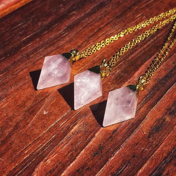 Rose Quartz Necklace • Diamond Cut Rose Quartz Necklace • Rose Quartz Diamond Necklace • Rose Quartz Gemstone • Pink Crystal Necklace